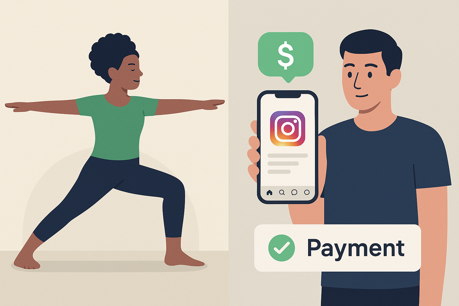 Wellness advocate earning money on Instagram - split screen showing person exercising and phone with payment notification